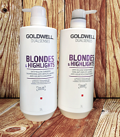 Шампунь и кондиционер для нейтрализации желтизны Goldwell Dualsenses Blondes & Highlights, 2*1000 мл